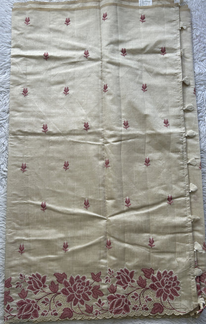 Semi Tussar Saree Cream Colored complemented with a Embroidered Scallop Border. - Sampradaya Designer Studio