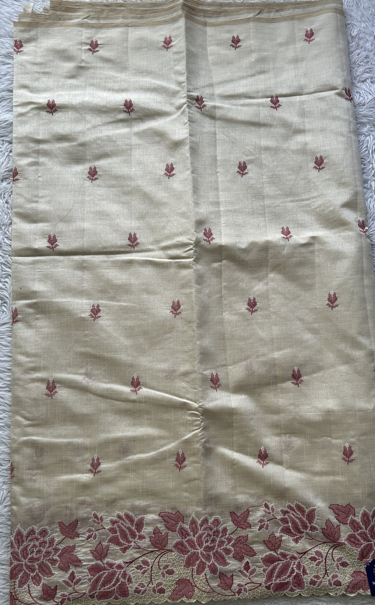 Semi Tussar Saree Cream Colored complemented with a Embroidered Scallop Border. - Sampradaya Designer Studio