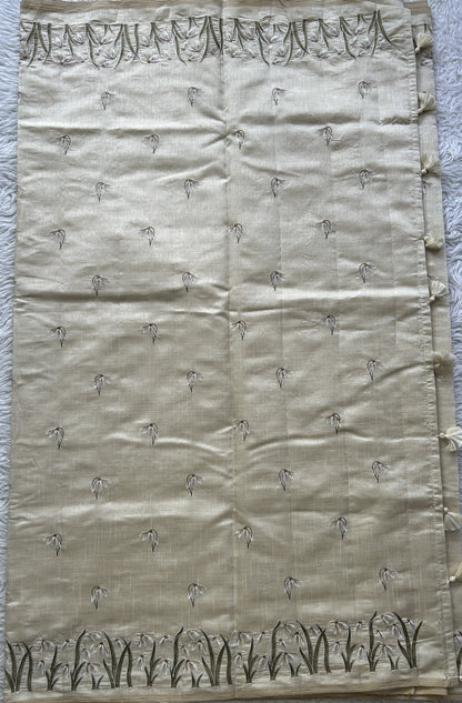 Semi Tussar Saree Pearl Colored complemented with a Embroidered Scallop Border. - Sampradaya Designer Studio