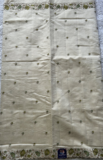 Semi Tussar Saree Off White Colored complemented with a Embroidered Scallop Border. - Sampradaya Designer Studio
