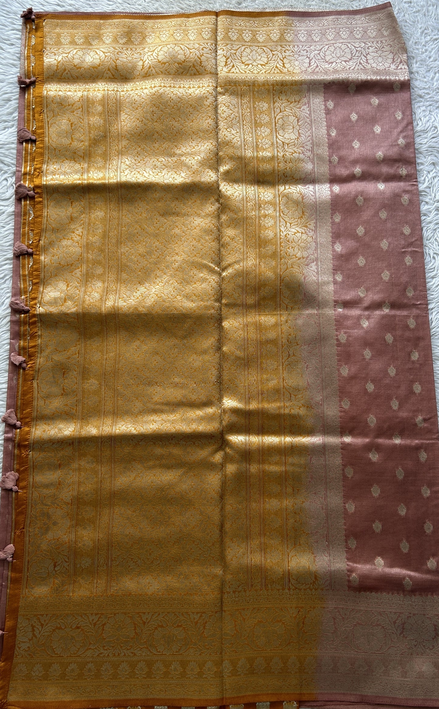 Semi Raw Silk Allover Saree Deep Peach Colored Elegantly Paired with a Zari Border. - Sampradaya Designer Studio