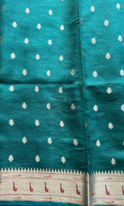 Silk kota Saree Bottle Green color complemented with a Muniya Border. - Sampradaya Designer Studio