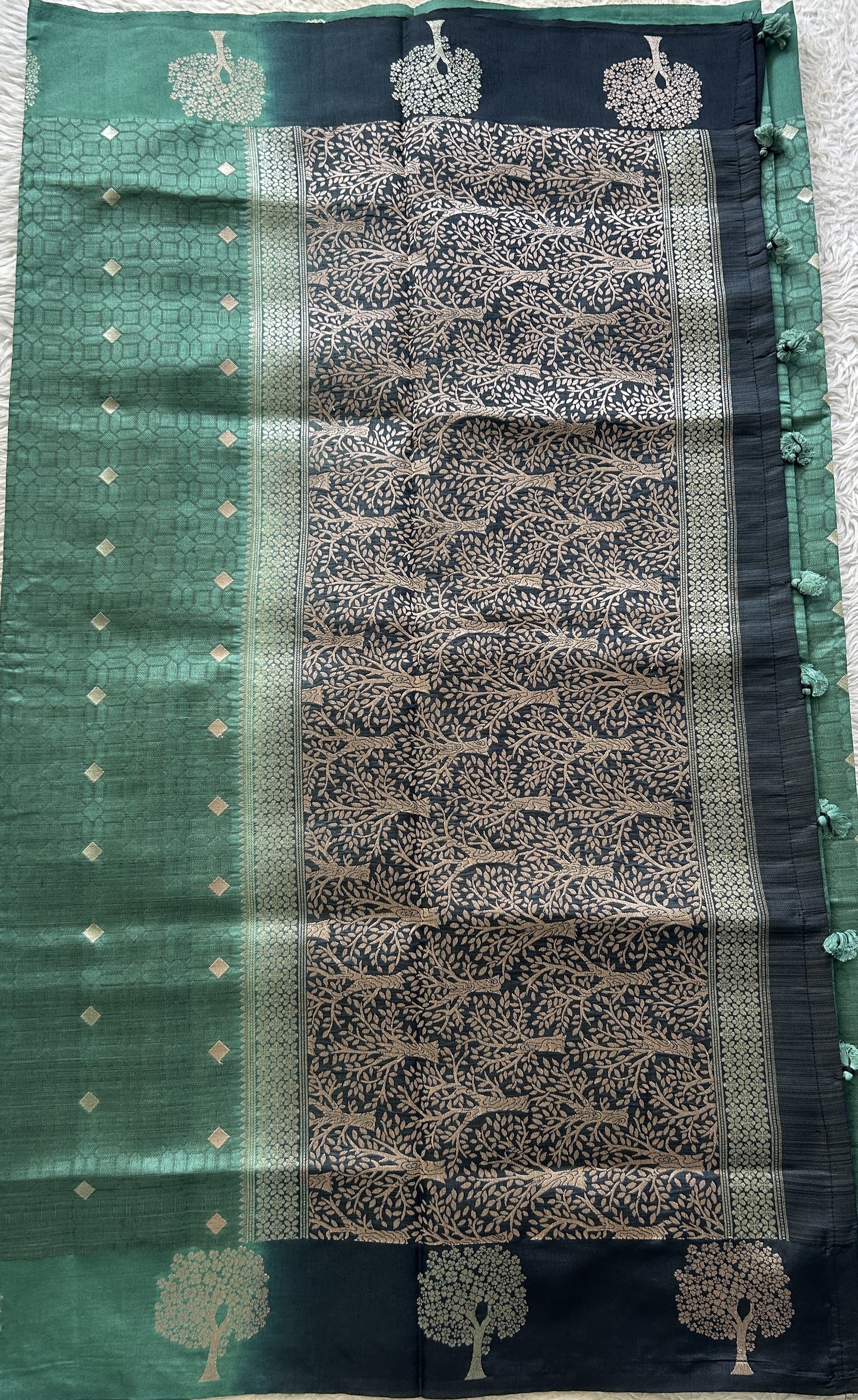 Semi Tussar Saree Teal Green Colored complemented with a Buti Border. - Sampradaya Designer Studio