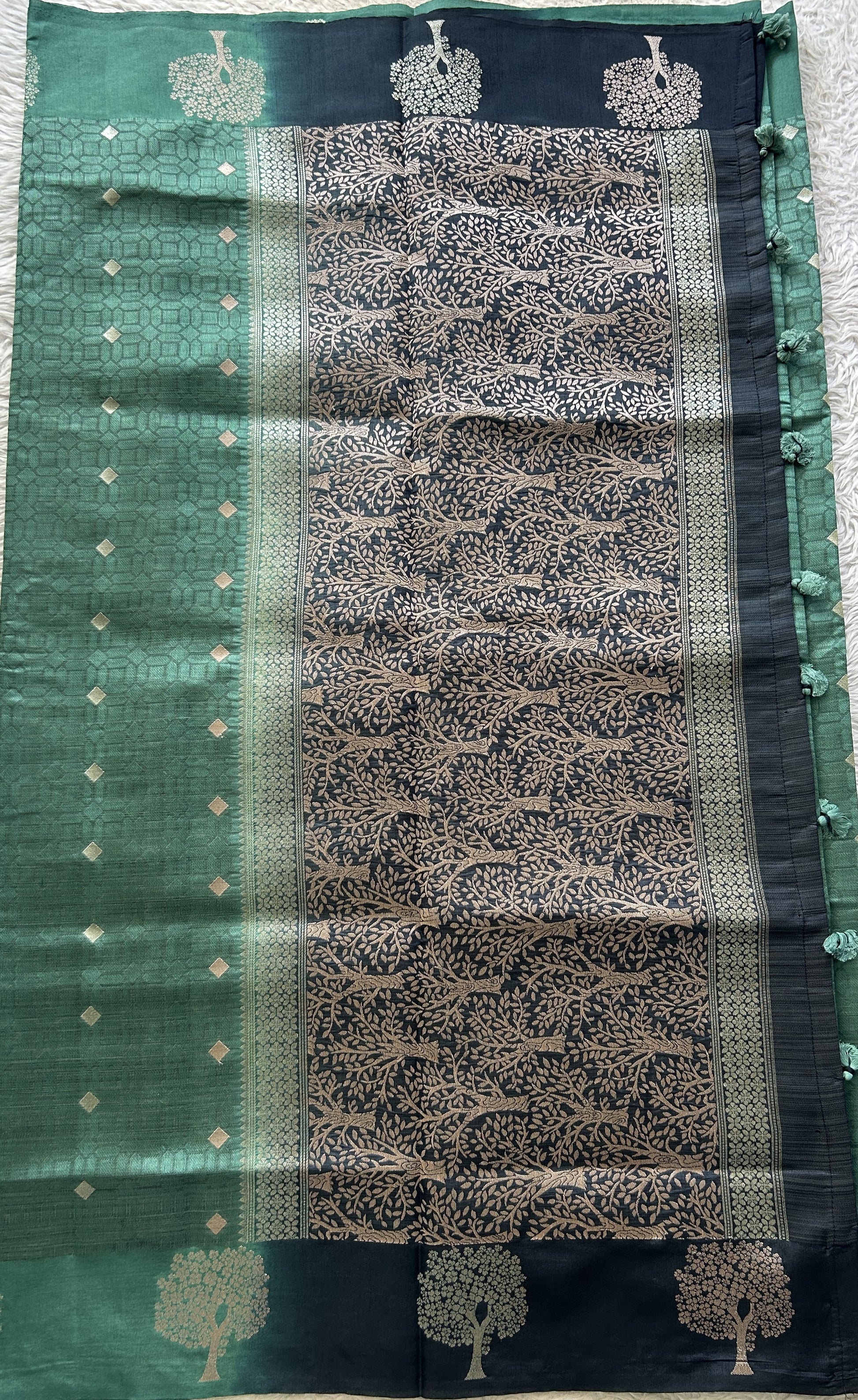 Semi Tussar Saree Teal Green Colored complemented with a Buti Border. - Sampradaya Designer Studio