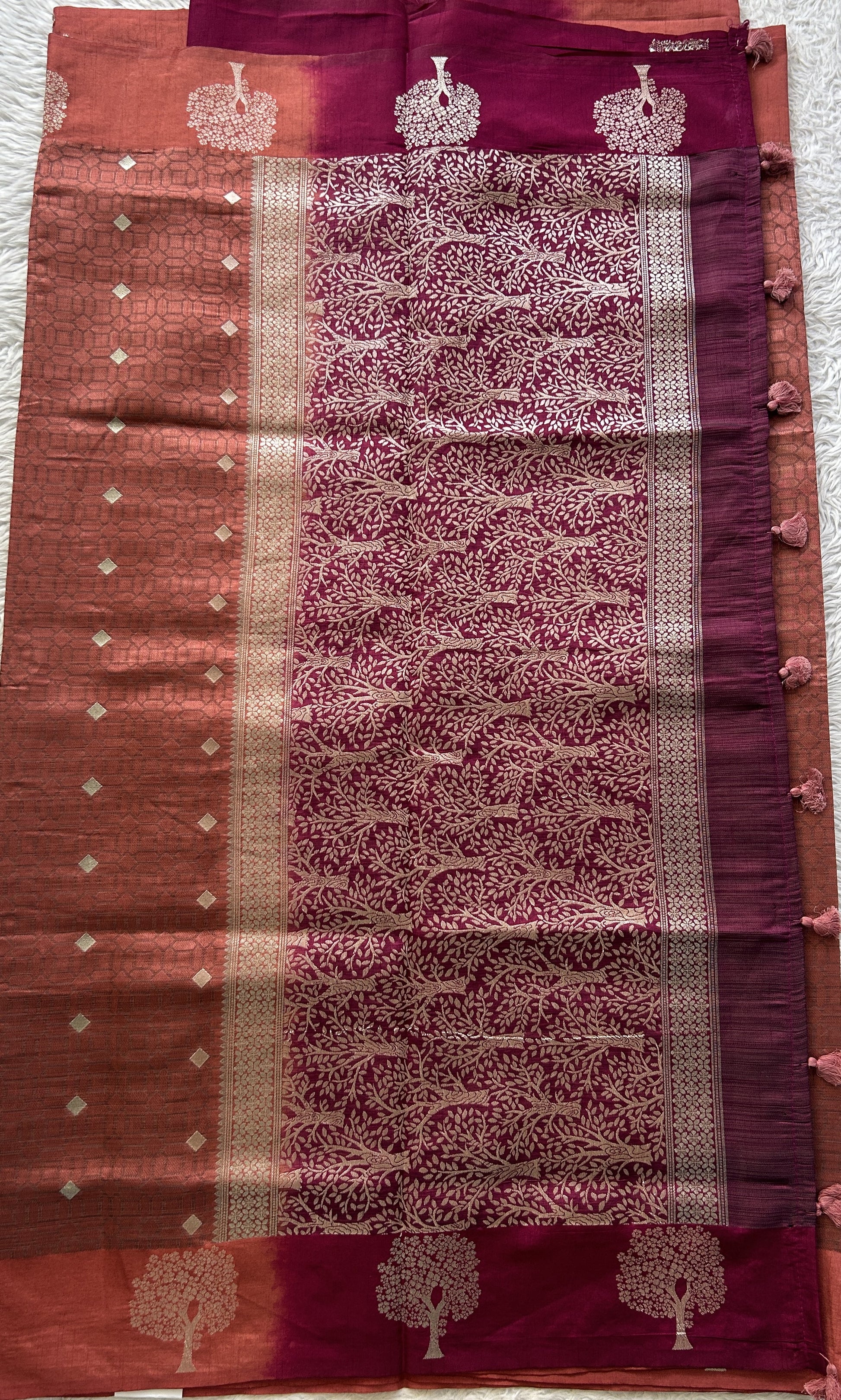 Semi Tussar Saree Rust Colored complemented with a Buti Border. - Sampradaya Designer Studio