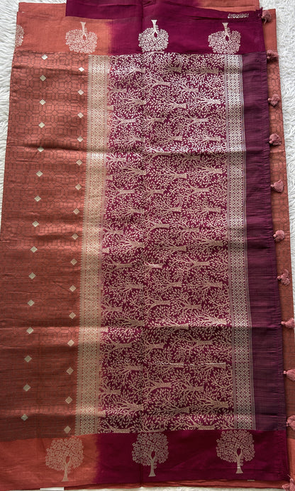 Semi Tussar Saree Rust Colored complemented with a Buti Border. - Sampradaya Designer Studio