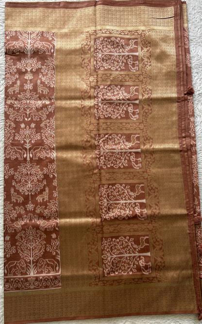 Semi Raw Silk Allover Saree Brown Colored Elegantly Paired with a Zari Border. - Sampradaya Designer Studio