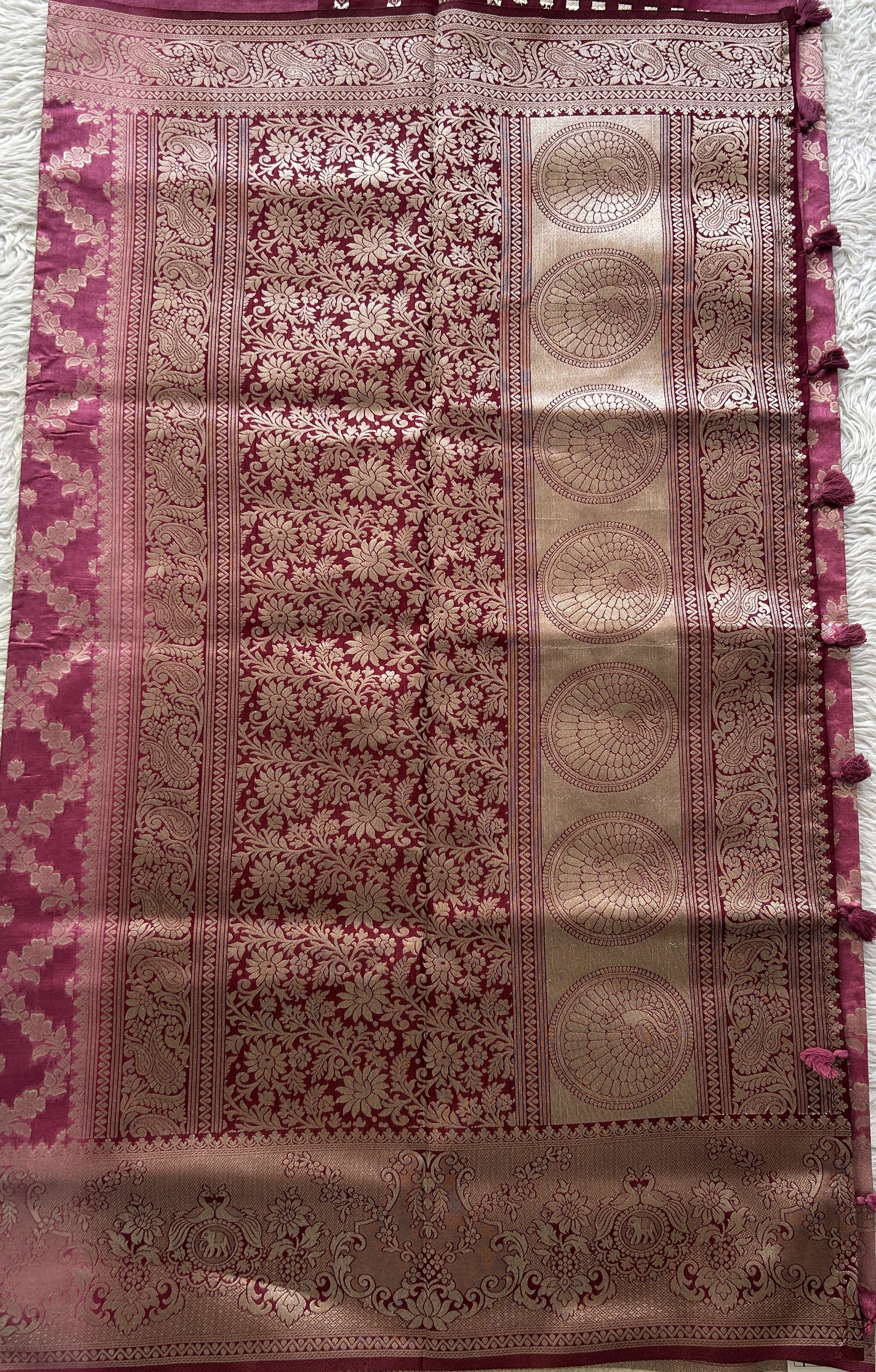 Semi Raw Silk Saree Pink Colored Elegantly Paired with a Zari Border. - Sampradaya Designer Studio