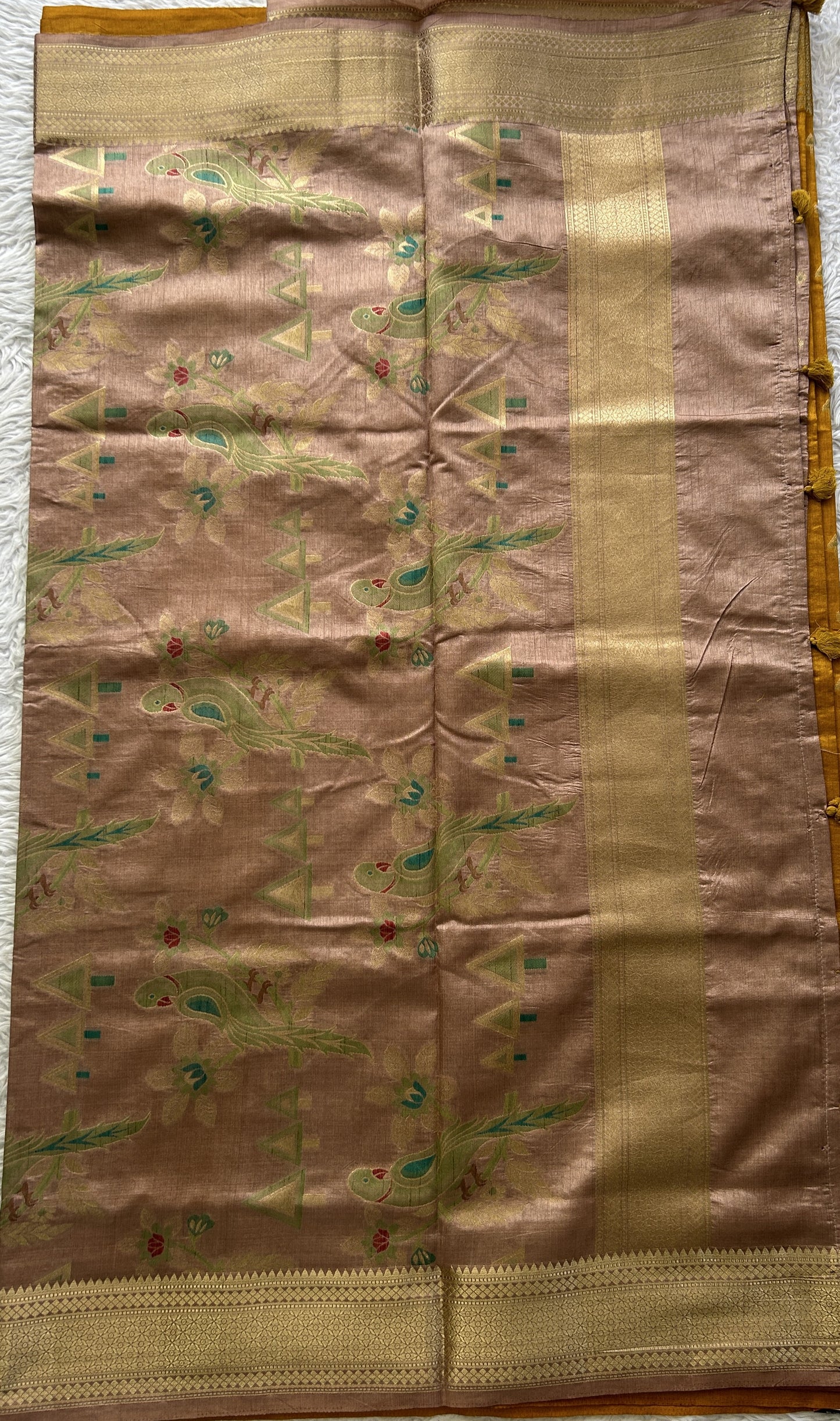 Semi Raw Silk Saree Yellow Colored Elegantly Paired with a Zari Border. - Sampradaya Designer Studio