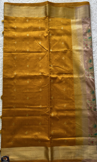 Semi Raw Silk Saree Yellow Colored Elegantly Paired with a Zari Border. - Sampradaya Designer Studio