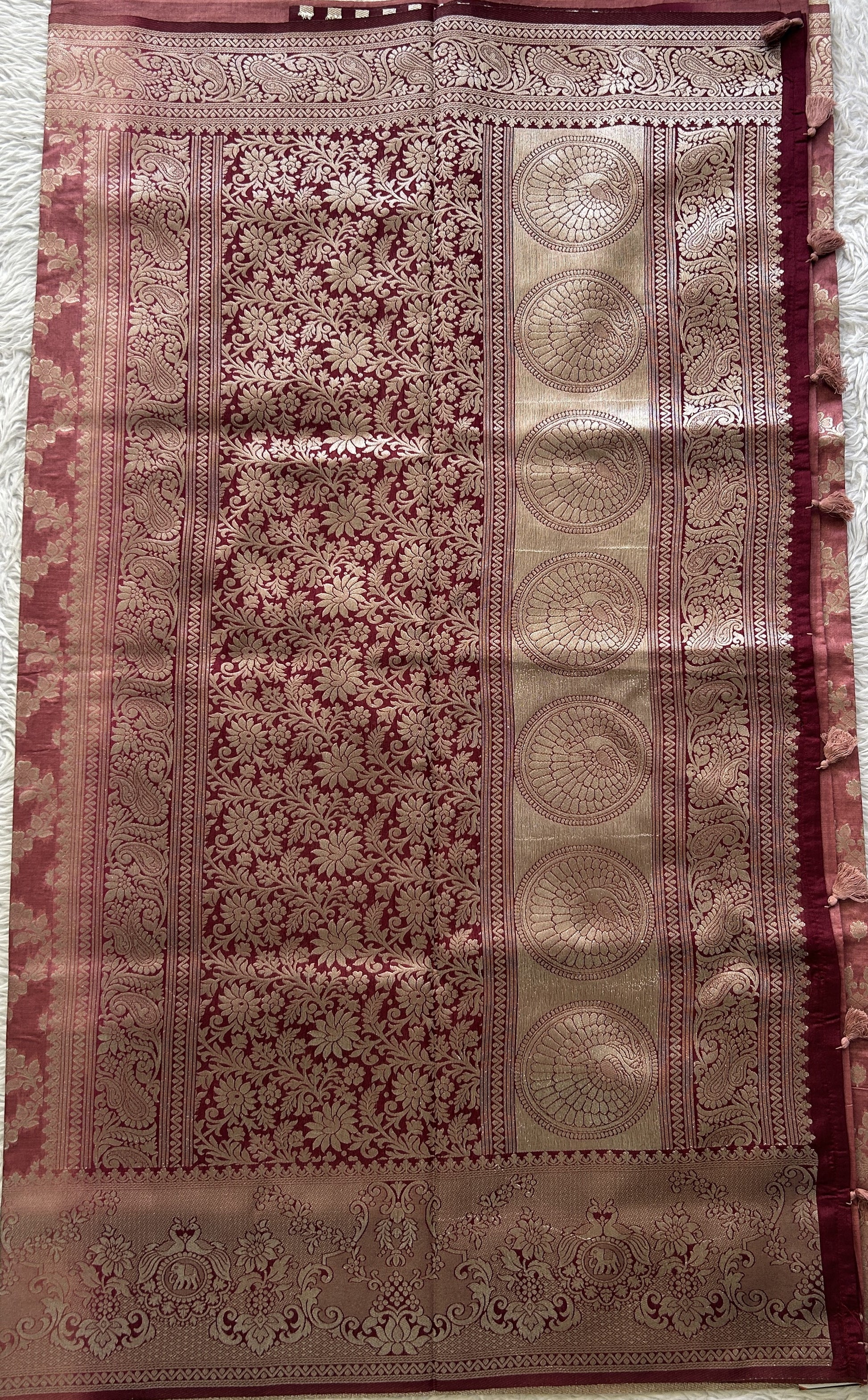 Semi Raw Silk Allover Saree Onion Pink Colored Elegantly Paired with a Zari Border. - Sampradaya Designer Studio