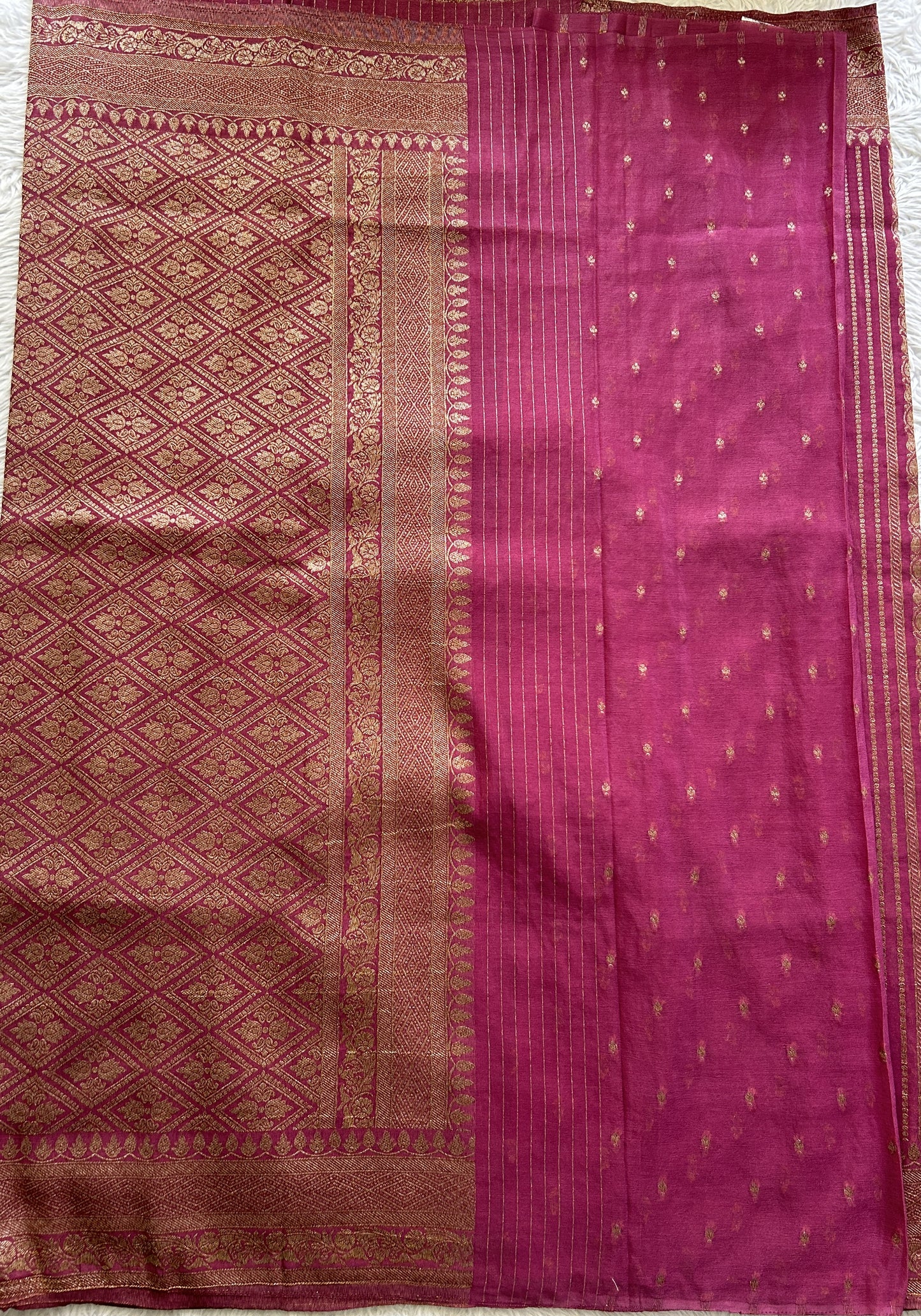 Semi Georgette Saree Onion Pink Colored Complemented with a Zari Border. - Sampradaya Designer Studio