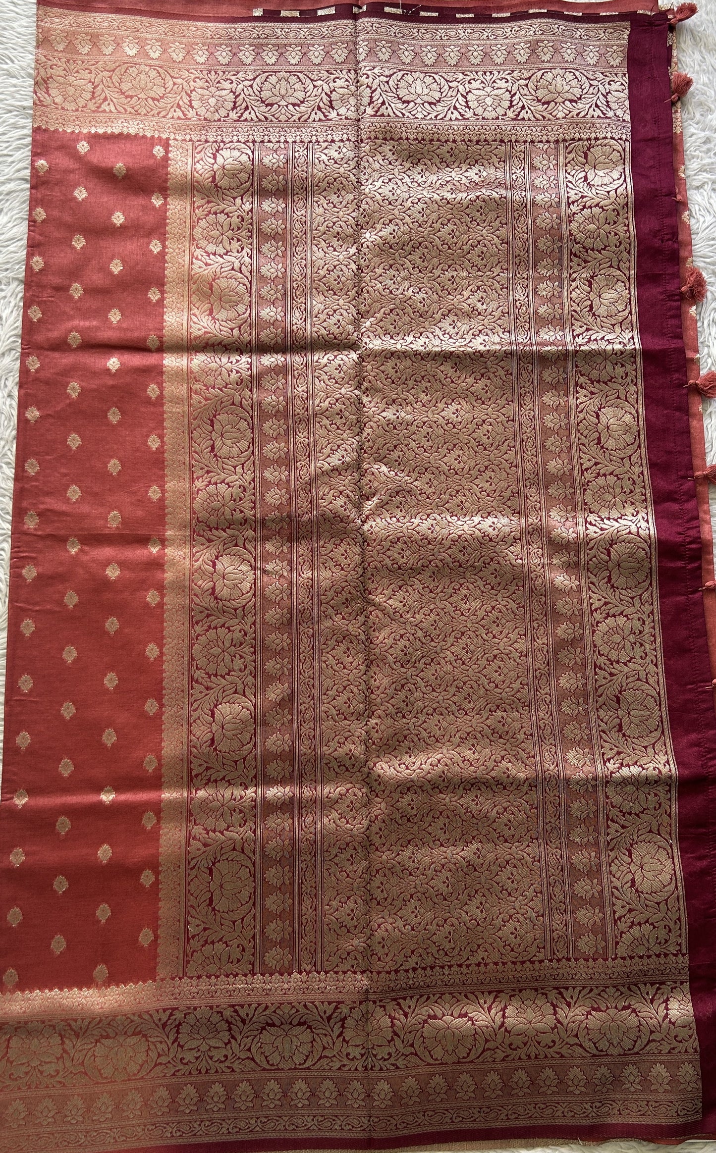 Semi Raw Silk Saree Dark Peach Colored Elegantly Paired with a Zari Border. - Sampradaya Designer Studio