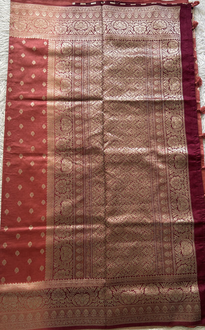 Semi Raw Silk Saree Dark Peach Colored Elegantly Paired with a Zari Border. - Sampradaya Designer Studio