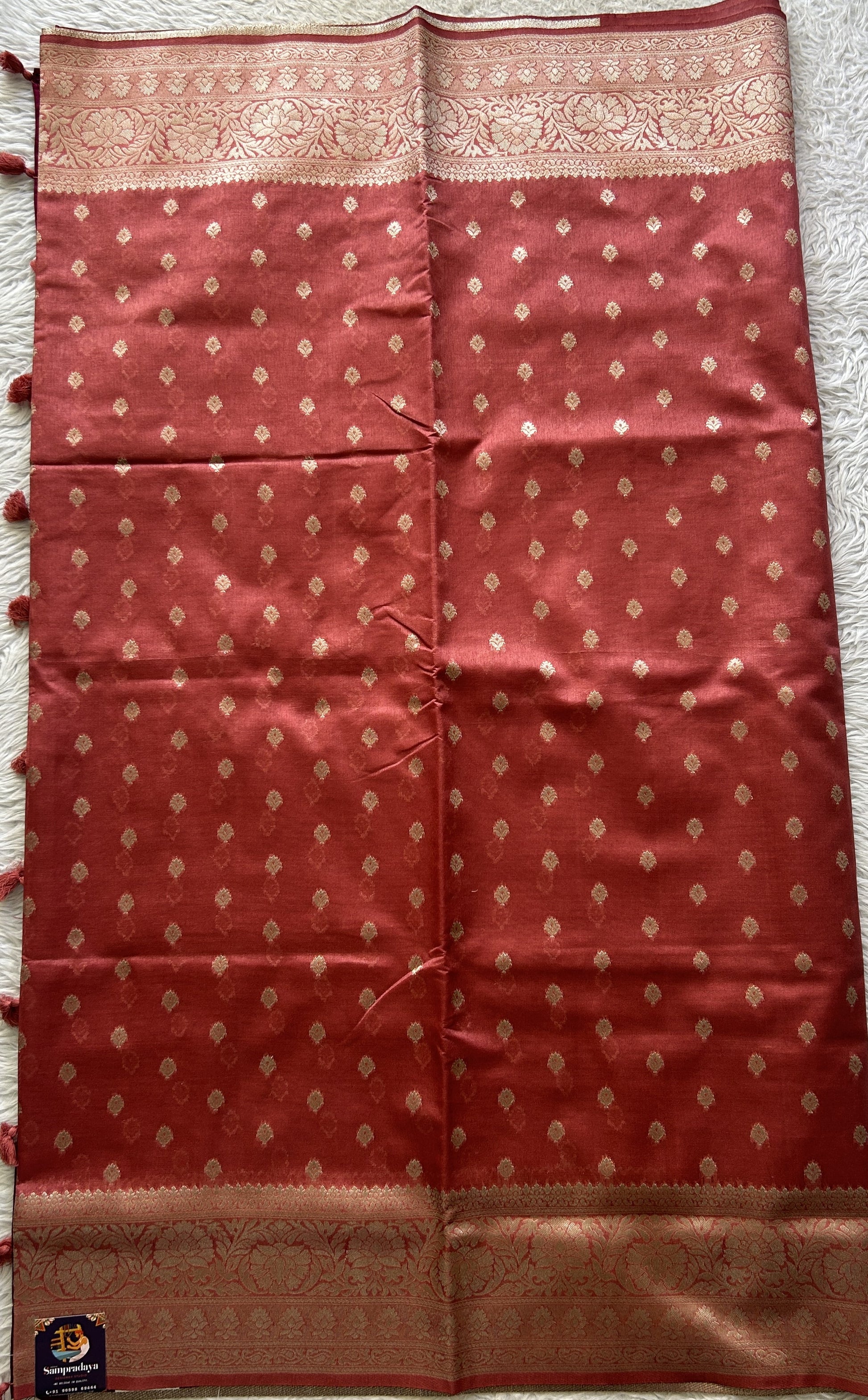 Semi Raw Silk Saree Dark Peach Colored Elegantly Paired with a Zari Border. - Sampradaya Designer Studio
