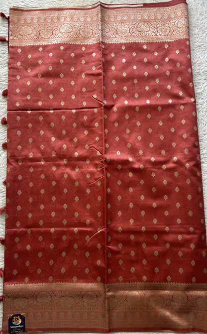Semi Raw Silk Saree Dark Peach Colored Elegantly Paired with a Zari Border. - Sampradaya Designer Studio