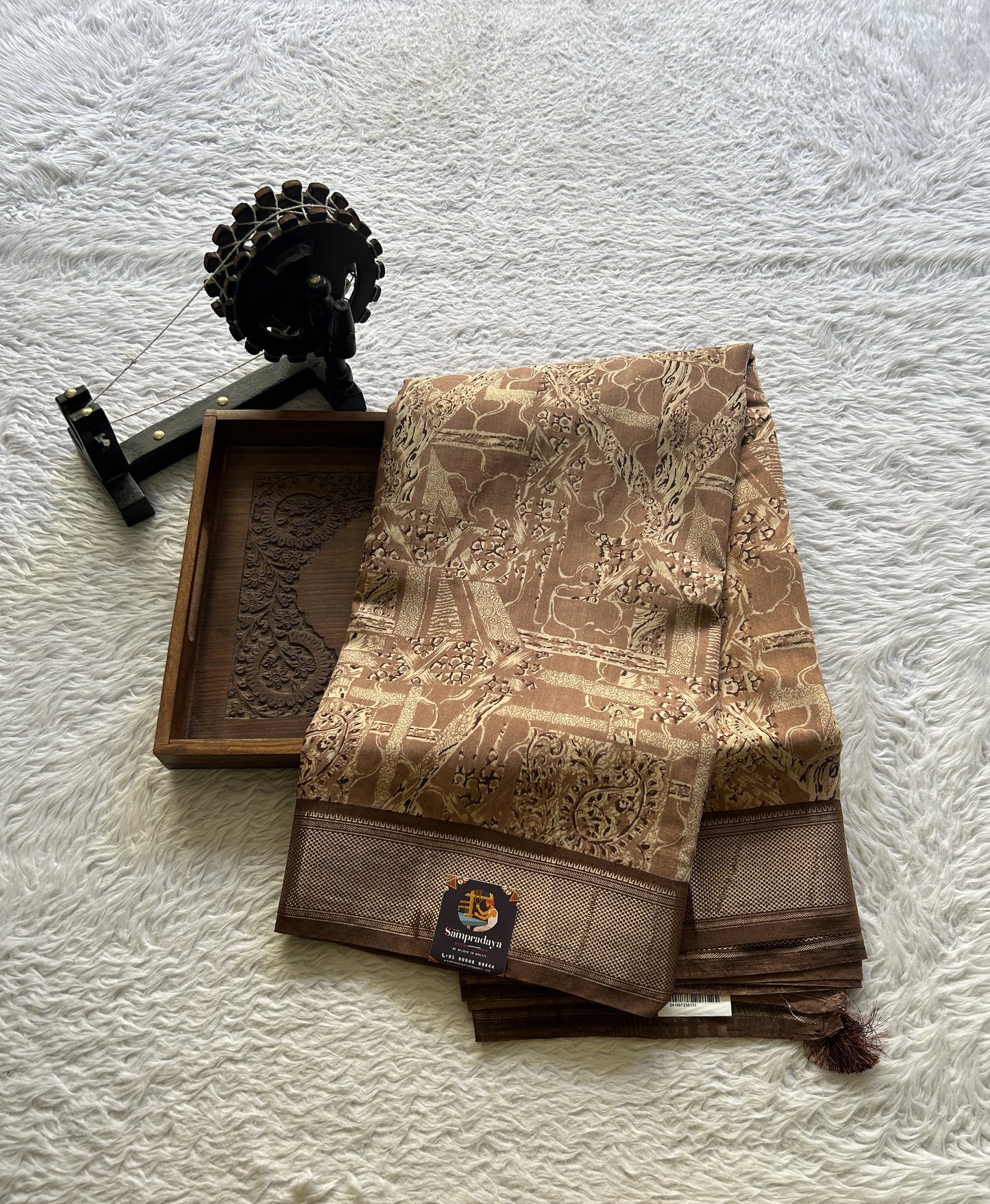 Dola Crepe Saree Light Brown Colored Elegantly Paired with a Zari Border. - Sampradaya Designer Studio