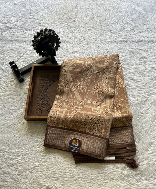 Dola Crepe Saree Light Brown Colored Elegantly Paired with a Zari Border. - Sampradaya Designer Studio