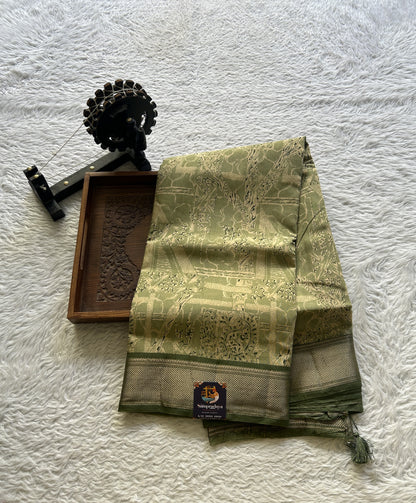 Dola Crepe Saree Light Green Colored Elegantly Paired with a Zari Border. - Sampradaya Designer Studio