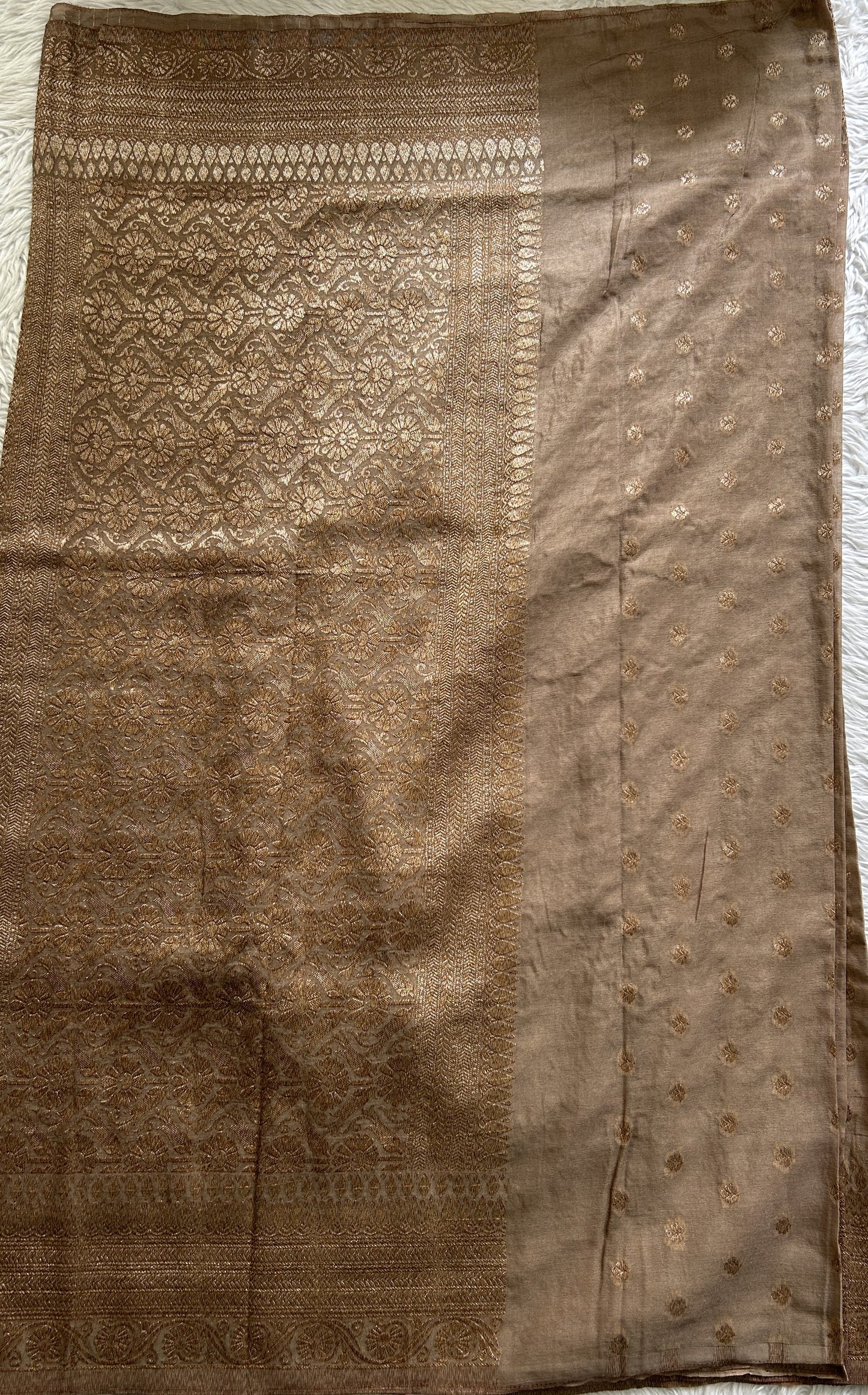 Semi Georgette Saree Beige Colored Complemented with a Zari Border. - Sampradaya Designer Studio