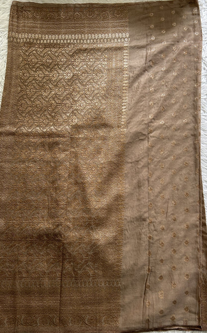 Semi Georgette Saree Beige Colored Complemented with a Zari Border. - Sampradaya Designer Studio