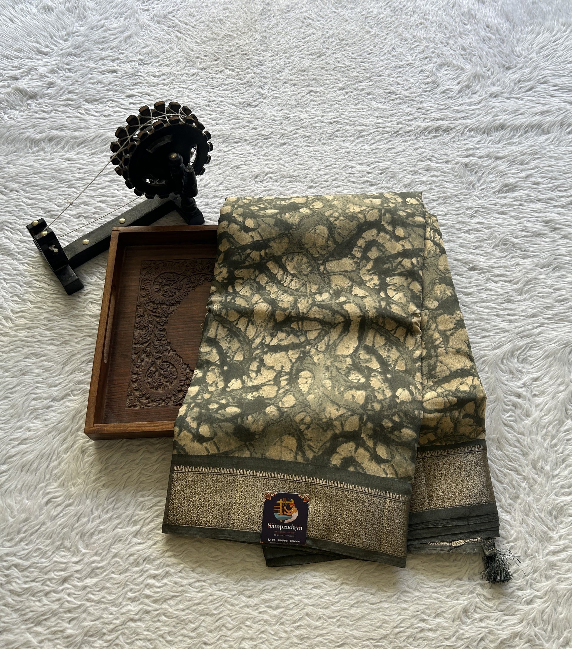 Dola Crepe Saree Gray Colored Elegantly Paired with a Zari Border. - Sampradaya Designer Studio