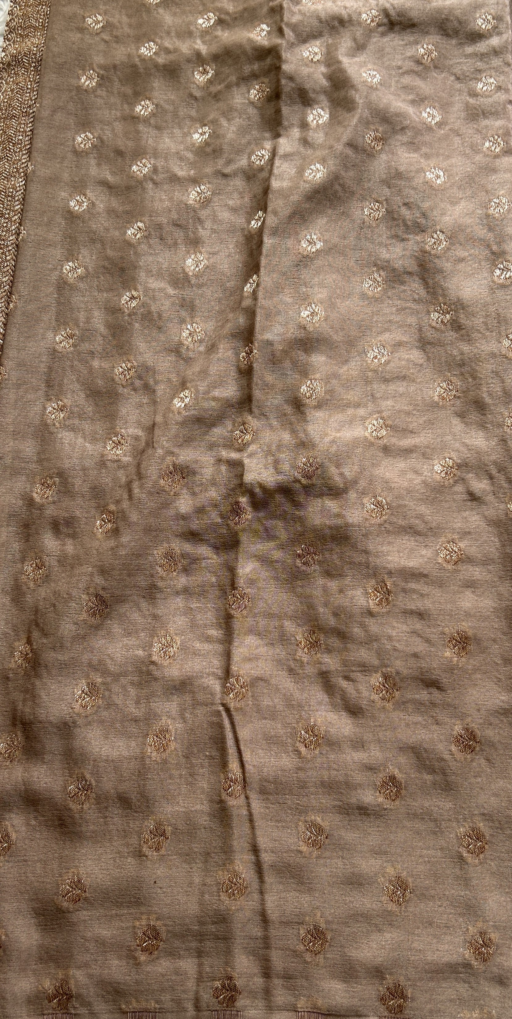 Semi Georgette Saree Beige Colored Complemented with a Zari Border. - Sampradaya Designer Studio