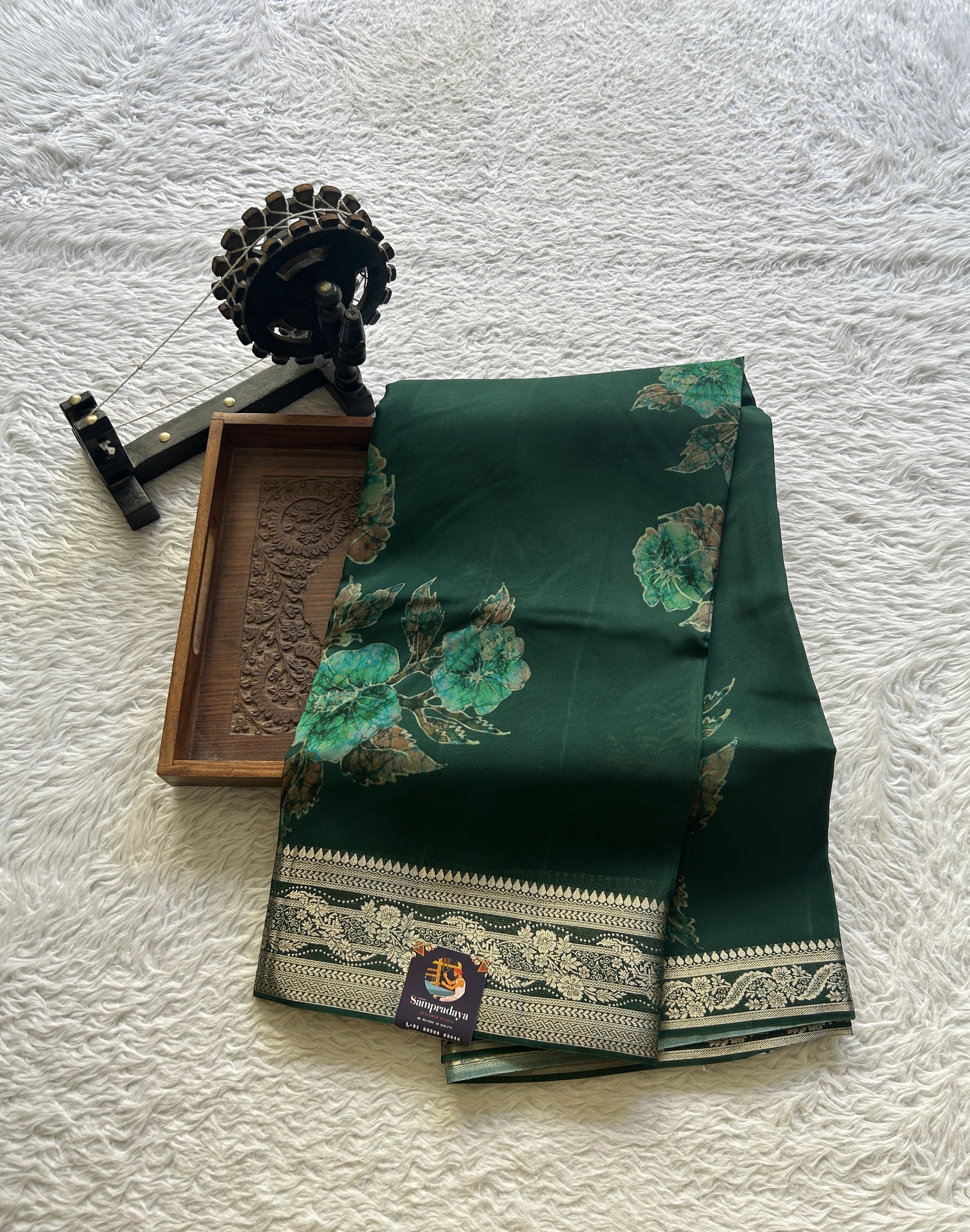 Satin Georgette Saree Bottle Green Colored Elegantly Paired with a Zari Border. - Sampradaya Designer Studio