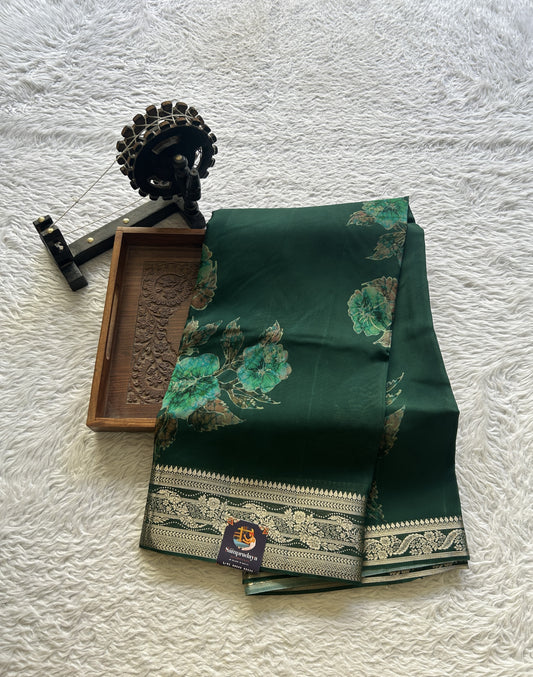 Satin Georgette Saree Bottle Green Colored Elegantly Paired with a Zari Border. - Sampradaya Designer Studio