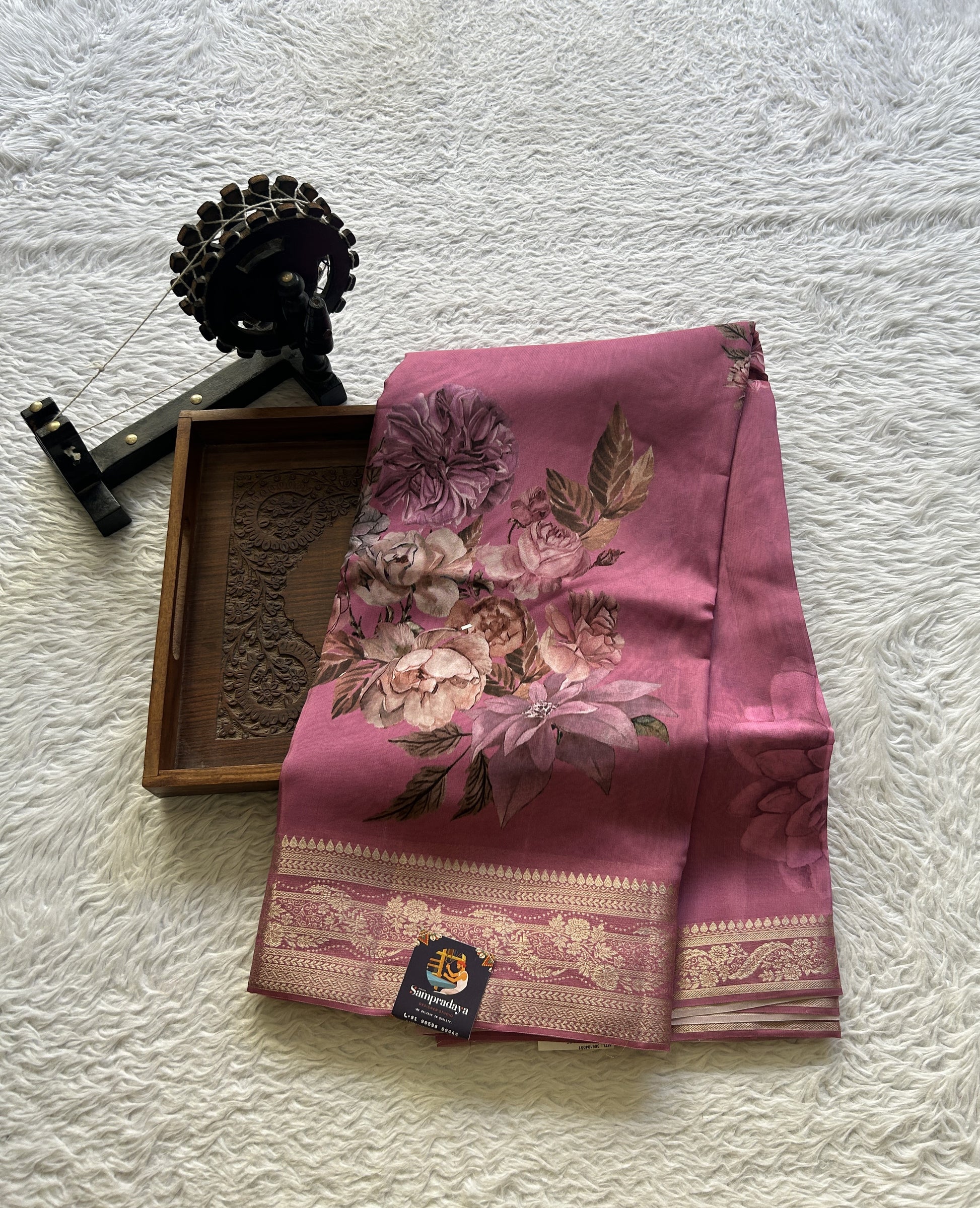 Satin Georgette Saree Pink Colored Elegantly Paired with a Zari Border. - Sampradaya Designer Studio