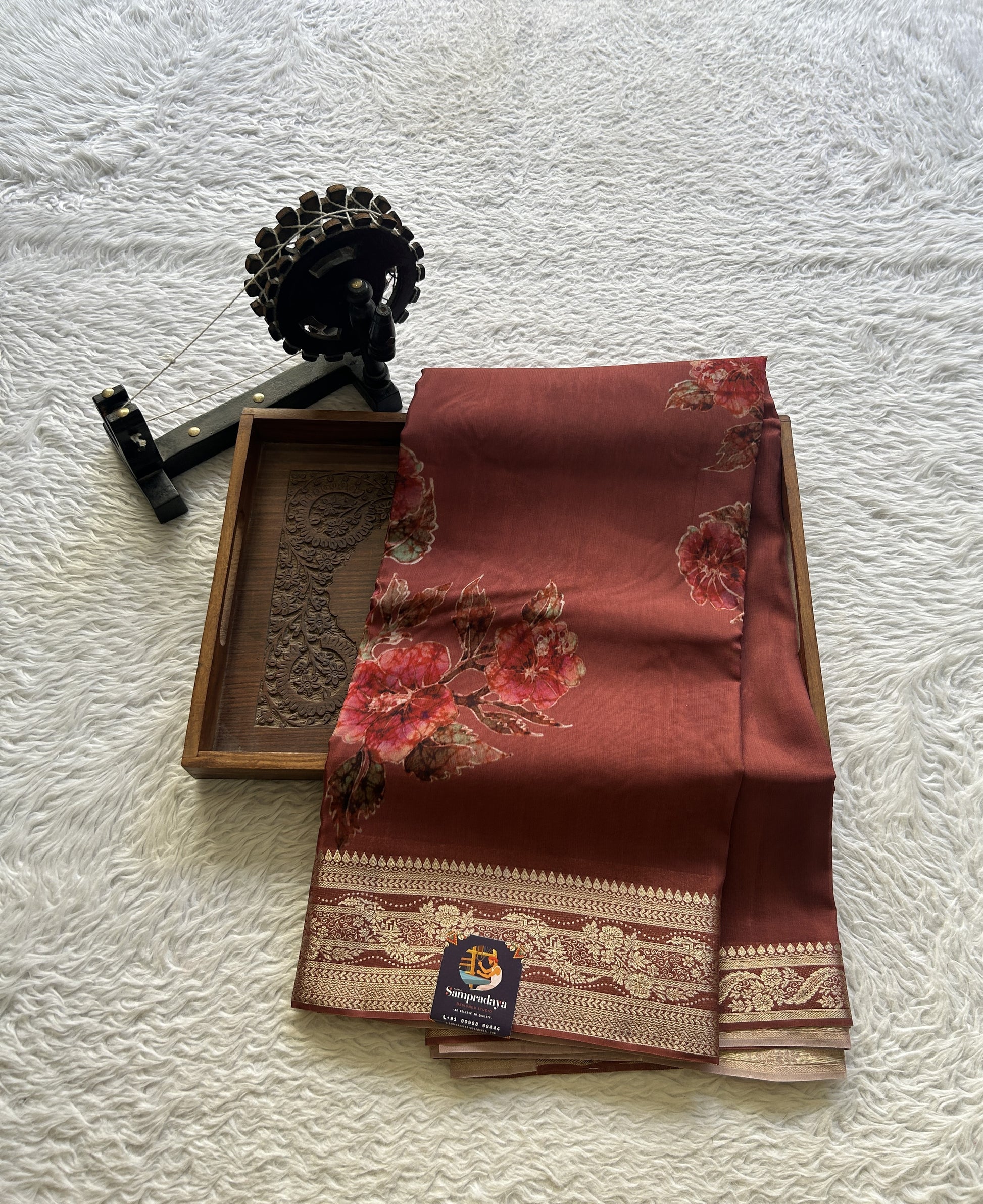 Satin Georgette Saree Rust Brown Colored Elegantly Paired with a Zari Border. - Sampradaya Designer Studio