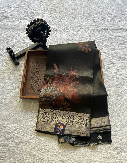 Satin Georgette Saree Black Colored Elegantly Paired with a Zari Border. - Sampradaya Designer Studio