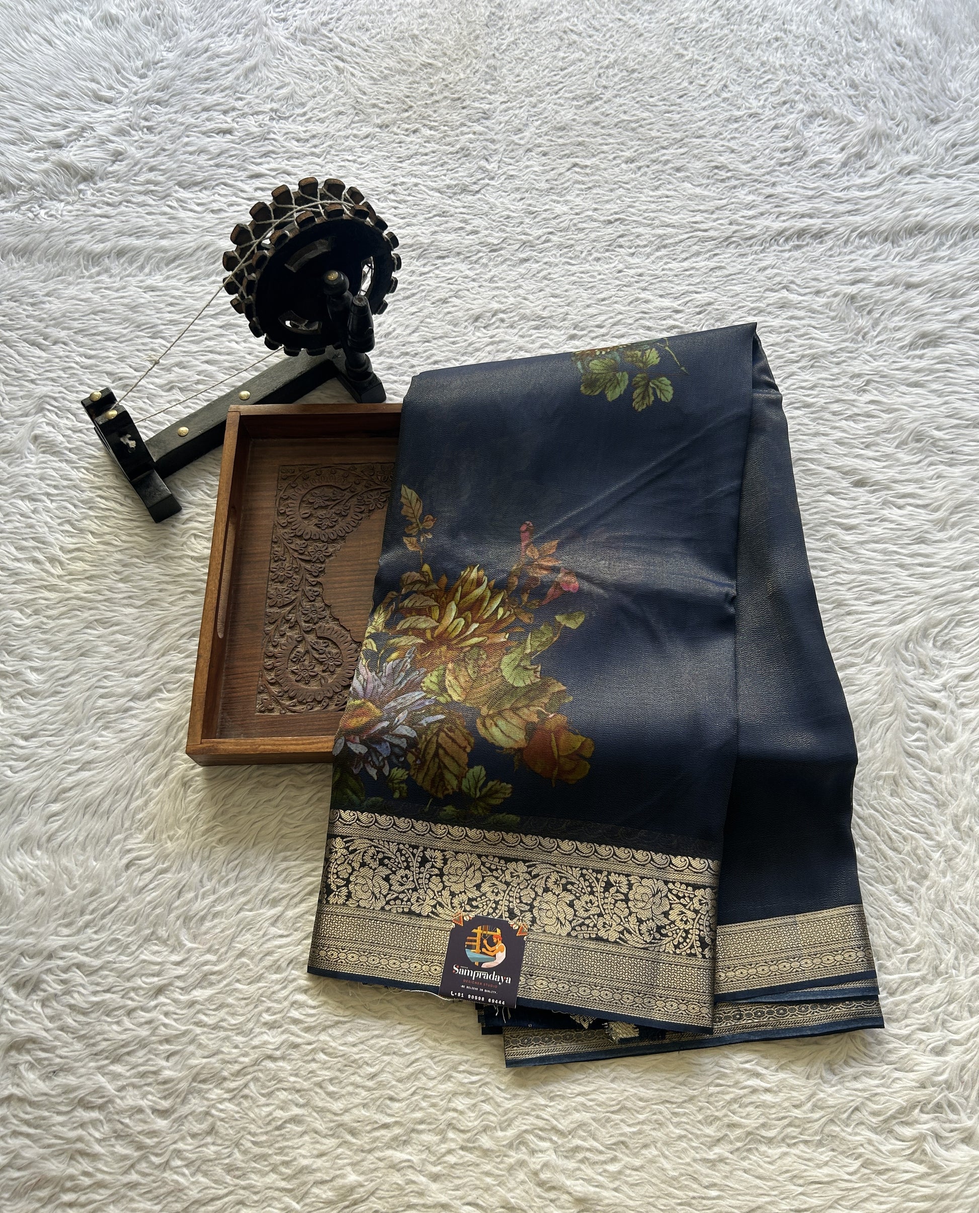 Satin Georgette Saree Ink Blue Colored Elegantly Paired with a Zari Border. - Sampradaya Designer Studio