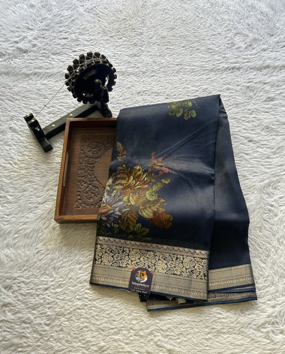 Satin Georgette Saree Ink Blue Colored Elegantly Paired with a Zari Border. - Sampradaya Designer Studio