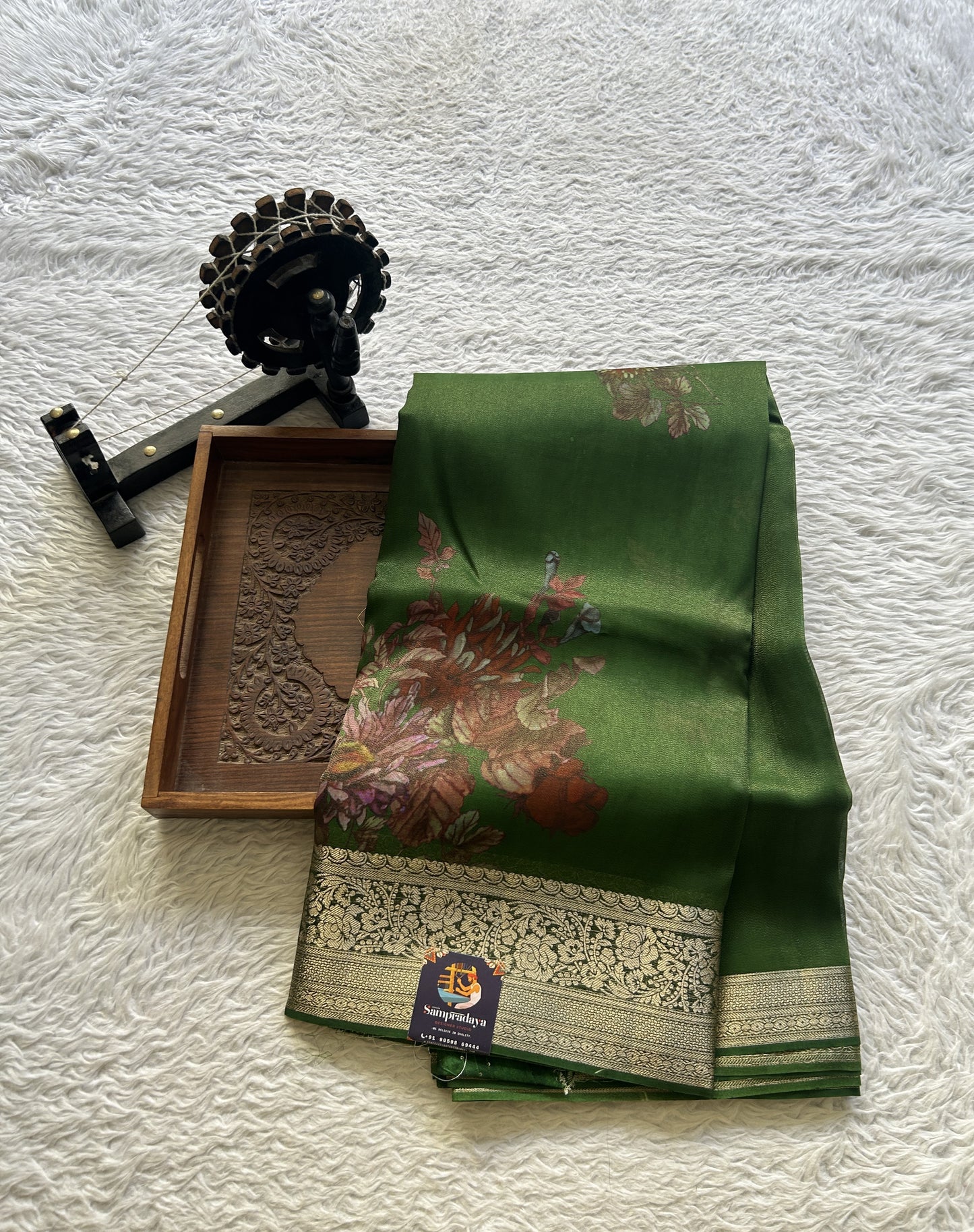 Satin Georgette Saree Green Colored Elegantly Paired with a Zari Border. - Sampradaya Designer Studio