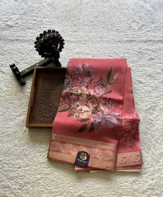 Satin Georgette Saree Peach Colored Elegantly Paired with a Zari Border. - Sampradaya Designer Studio
