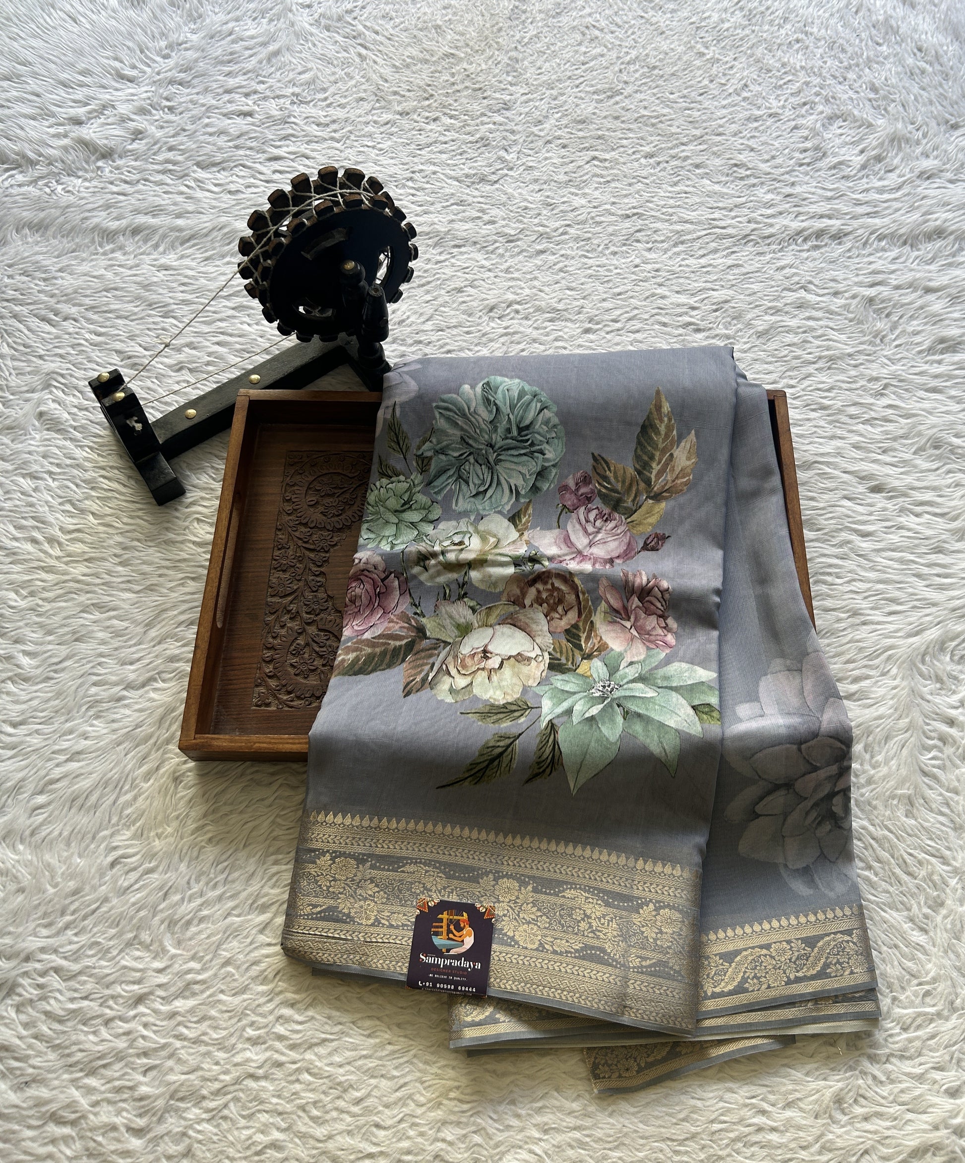 Satin Georgette Saree Gray Colored Elegantly Paired with a Zari Border. - Sampradaya Designer Studio