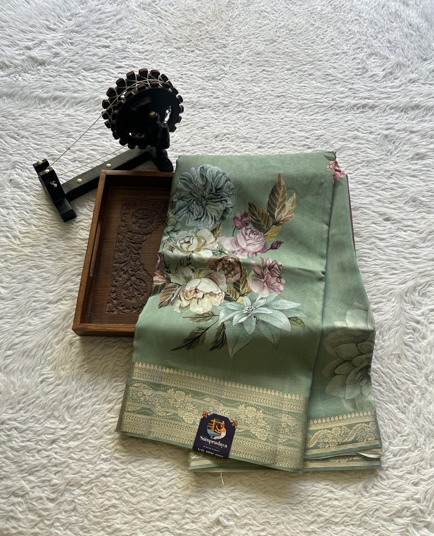 Satin Georgette Saree Mint Green Colored Elegantly Paired with a Zari Border. - Sampradaya Designer Studio