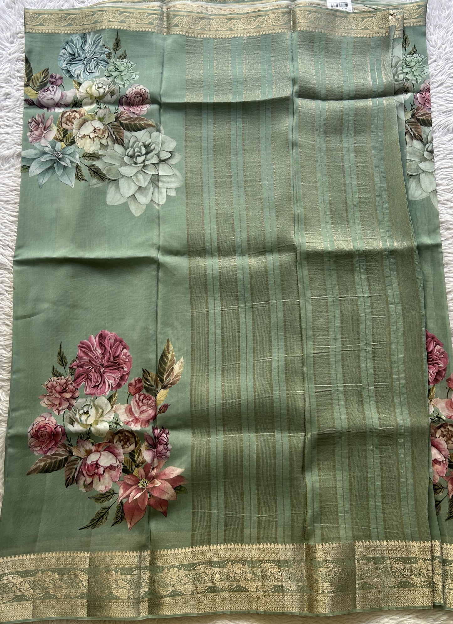 Satin Georgette Saree Mint Green Colored Elegantly Paired with a Zari Border. - Sampradaya Designer Studio