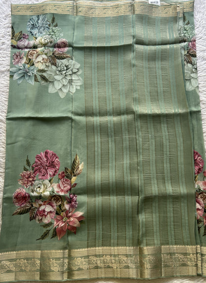 Satin Georgette Saree Mint Green Colored Elegantly Paired with a Zari Border. - Sampradaya Designer Studio