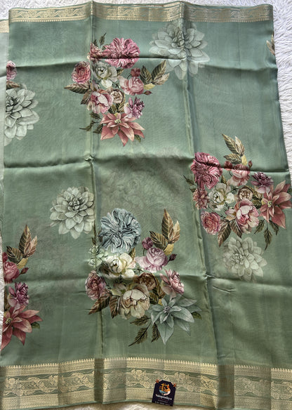 Satin Georgette Saree Mint Green Colored Elegantly Paired with a Zari Border. - Sampradaya Designer Studio