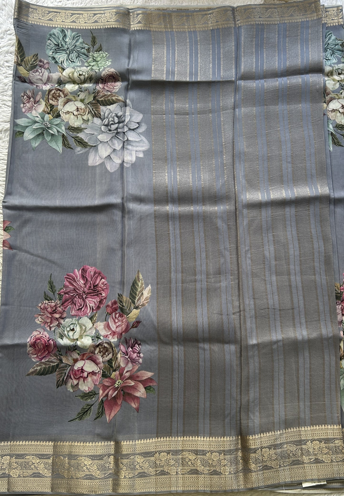 Satin Georgette Saree Gray Colored Elegantly Paired with a Zari Border. - Sampradaya Designer Studio