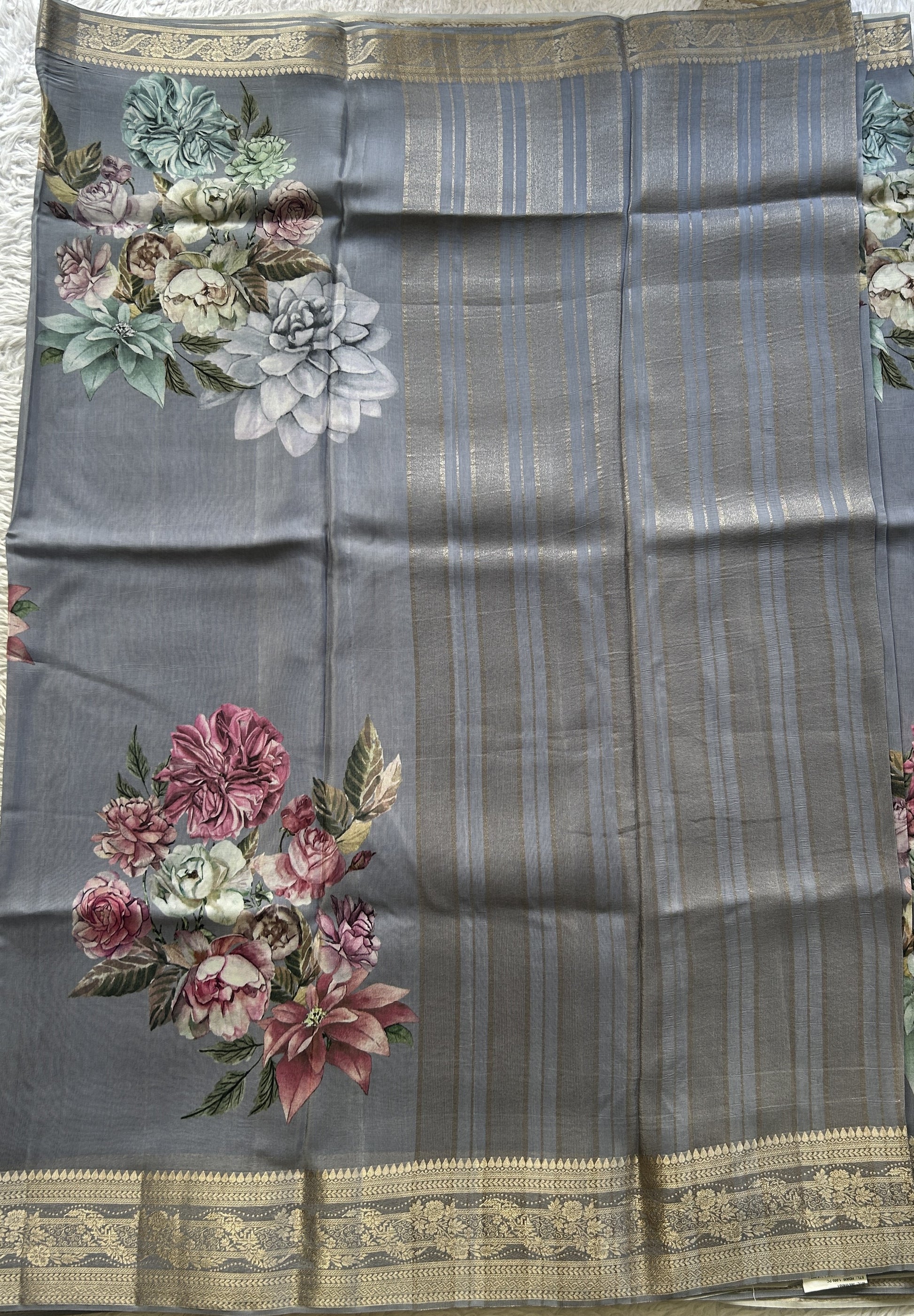 Satin Georgette Saree Gray Colored Elegantly Paired with a Zari Border. - Sampradaya Designer Studio