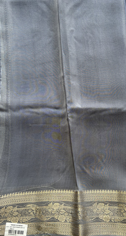 Satin Georgette Saree Gray Colored Elegantly Paired with a Zari Border. - Sampradaya Designer Studio