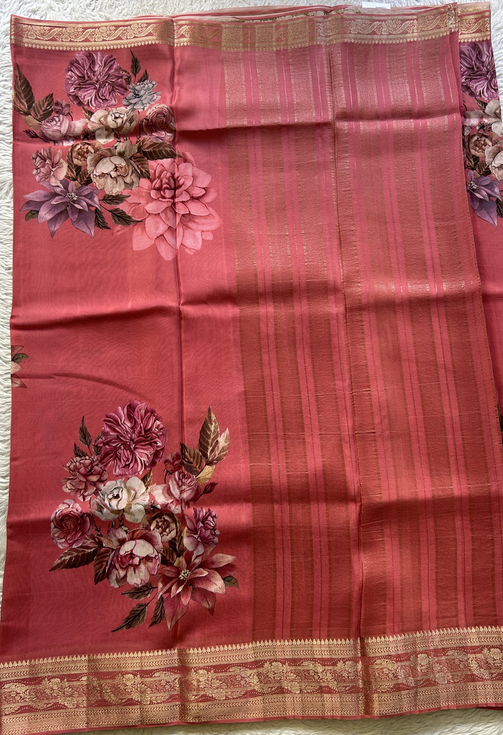 Satin Georgette Saree Peach Colored Elegantly Paired with a Zari Border. - Sampradaya Designer Studio