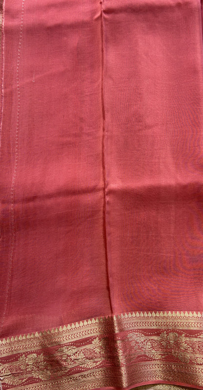 Satin Georgette Saree Peach Colored Elegantly Paired with a Zari Border. - Sampradaya Designer Studio