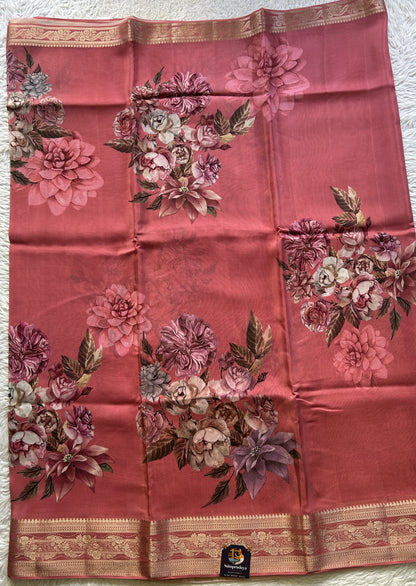 Satin Georgette Saree Peach Colored Elegantly Paired with a Zari Border. - Sampradaya Designer Studio