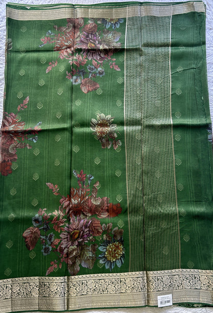 Satin Georgette Saree Green Colored Elegantly Paired with a Zari Border. - Sampradaya Designer Studio
