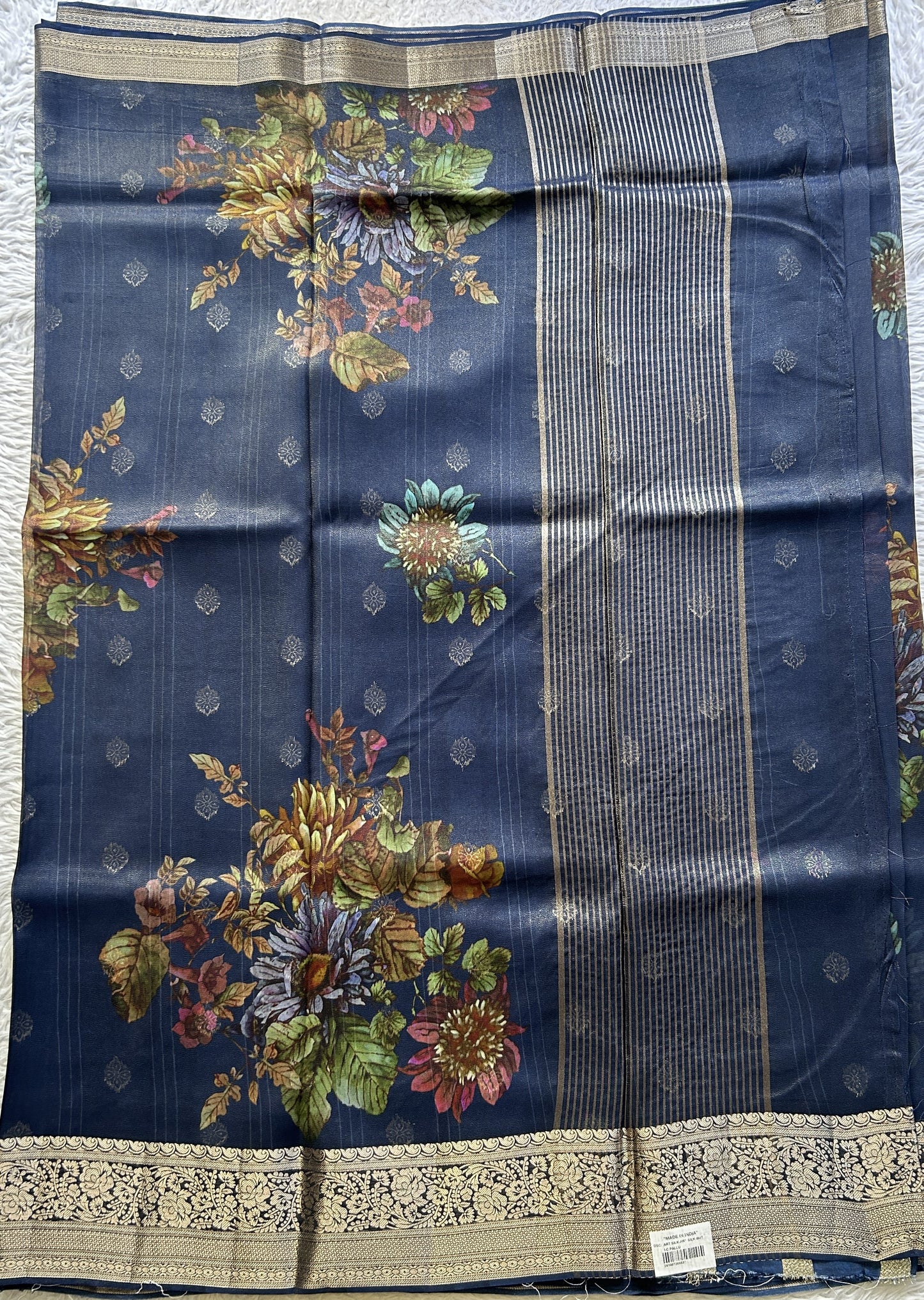 Satin Georgette Saree Ink Blue Colored Elegantly Paired with a Zari Border. - Sampradaya Designer Studio