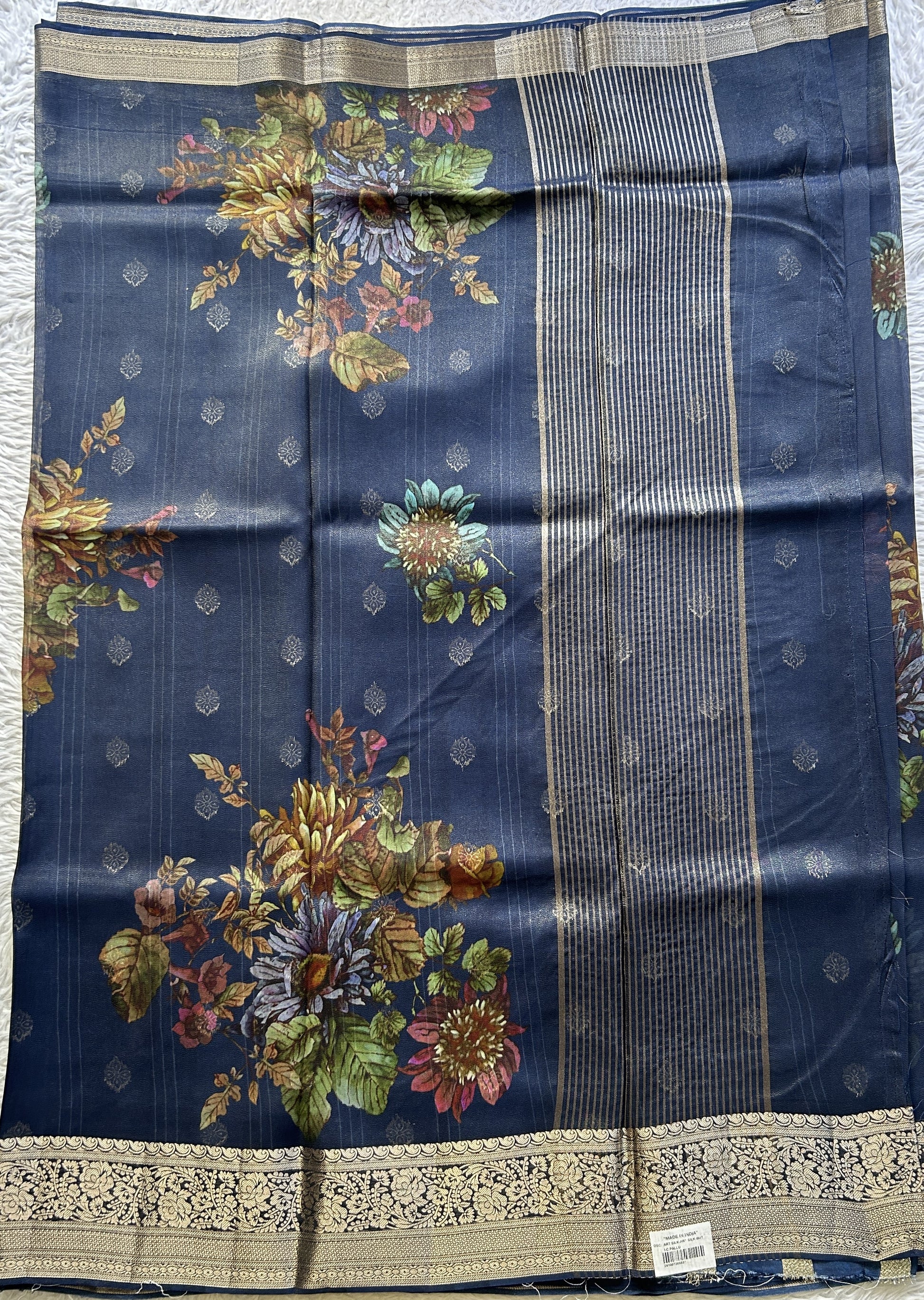 Satin Georgette Saree Ink Blue Colored Elegantly Paired with a Zari Border. - Sampradaya Designer Studio